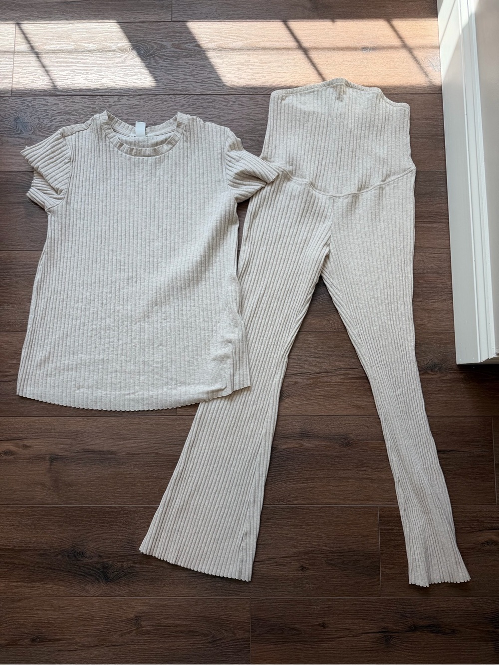 Maternity H&M Cream Ribbed Knit Top & High-Waist Flare Pants Set